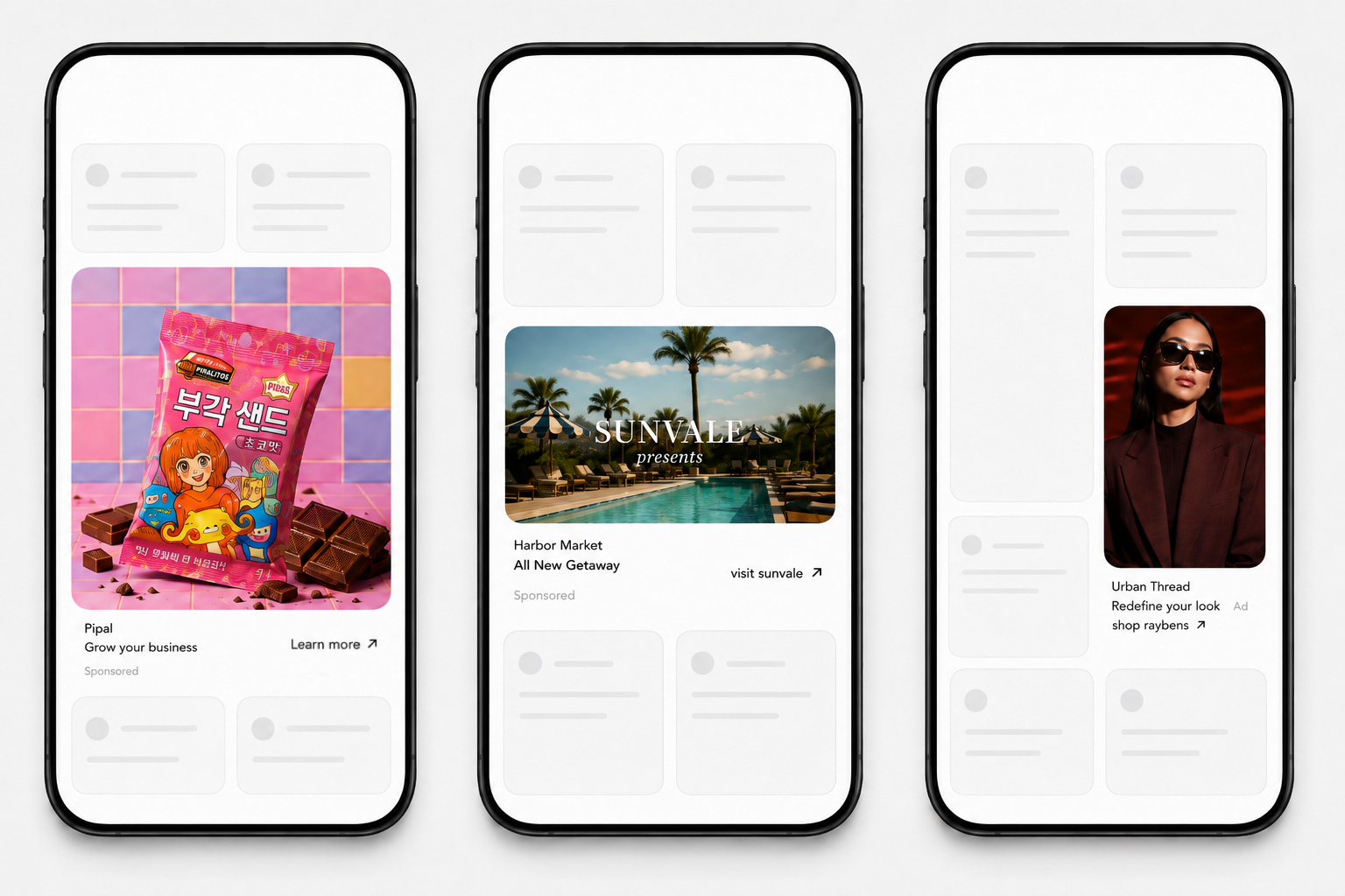 Pipal ads shown natively in the feed: product ad, sponsored banner, and card ad placements