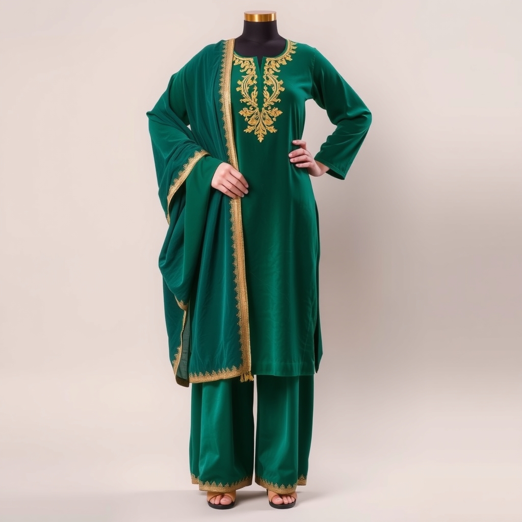 Velvet Embroidered Kurti Set, Emerald